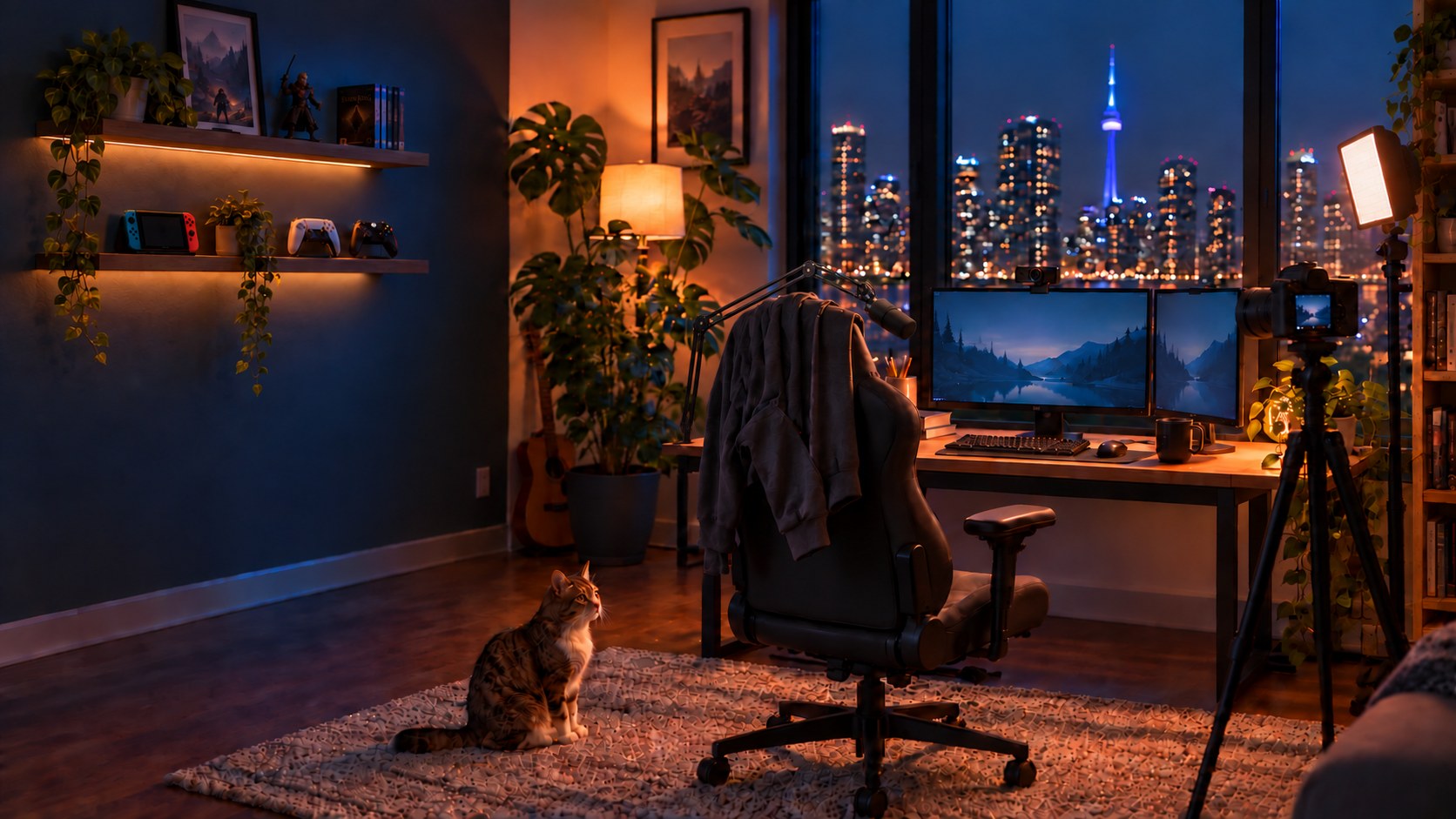 A Toronto apartment at night set up for streaming: a chair facing a desk, a cat on the rug, a microphone on a boom, and cameras aimed at the chair.